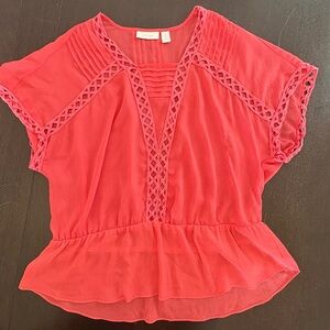 Chico’s Sheer Boho Coral Vibrant Blouse with Lace Crochet Detail Size 2 (Large)